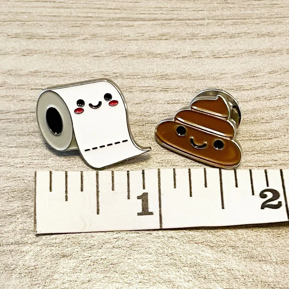 Cute Kawaii Toilet Paper & Poop Enamel Lapel Pins Set of 2 Funny Bathroom